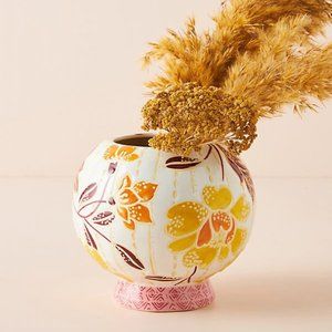 NEW Anthropologie Zahara Orange Pink Round Embossed Stoneware Floral Vase
